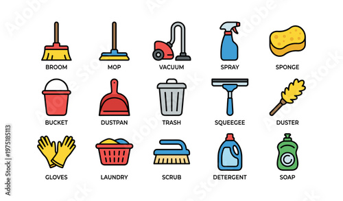 Household cleaning tools icons: broom, vacuum, spray, gloves, detergent, more