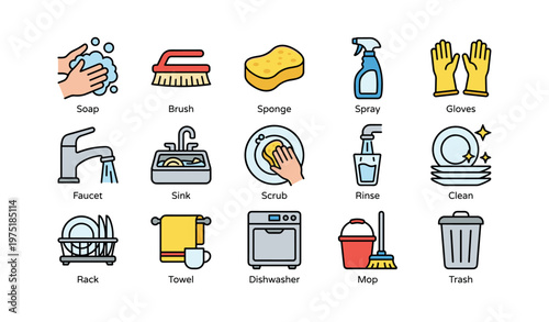 Household cleaning icons: soap, sponge, spray, gloves, dishes, mop, trash