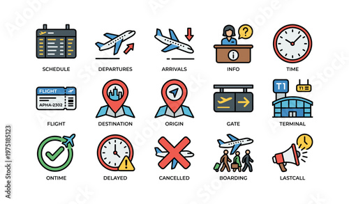 Airport icons: flight schedule, departures, arrivals, boarding, time, gate terminal