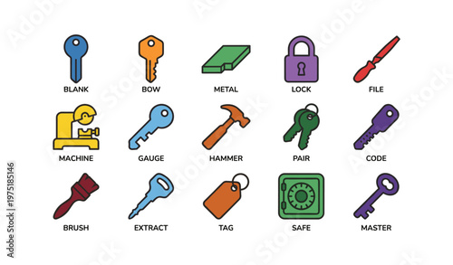 Colorful locksmith tools and key icons with lock and key designs