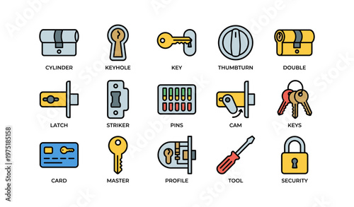 Illustrated collection of lock components and security accessories