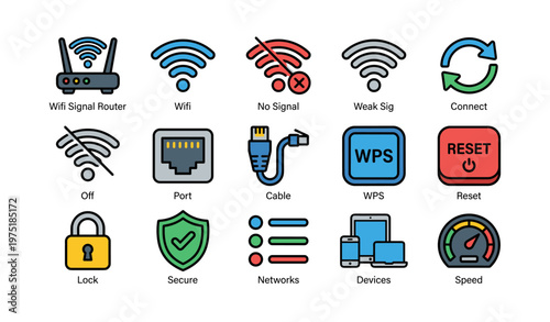 Wifi signal icons: router, connection status, devices, security, speed indicators for network management