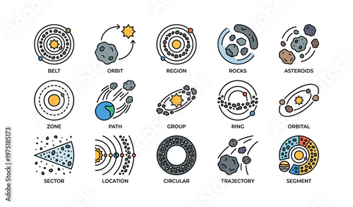 Space elements: orbit, asteroids, and celestial paths illustrated in icons