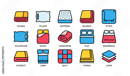 Colorful bedding icons: pillow, mattress, blanket, duvet, quilt, comforter