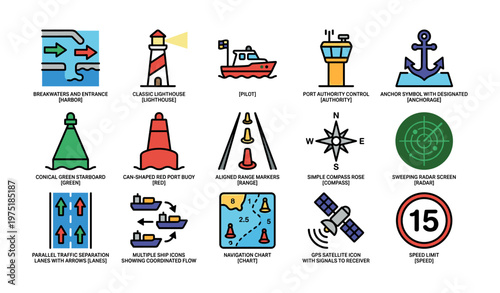Nautical symbols collection featuring lighthouse, anchor, compass, and radar