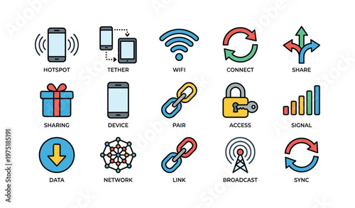 Wireless connectivity icons: hotspot tethering wifi network and data sharing symbols