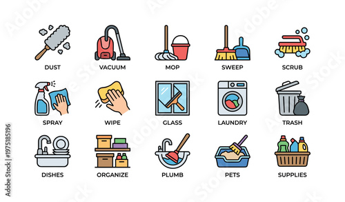 Cleaning icons set: vacuum, mop, sweep, spray, wipe, laundry, organize
