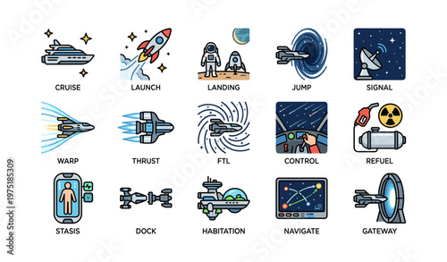 Space travel icons: rocket launch, astronauts, warp speed, spacecraft control, celestial navigation