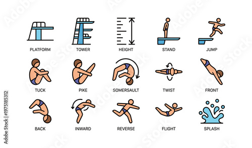 Diving techniques illustrated with diverse poses and movements