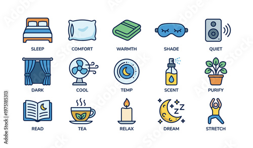 Sleep and relaxation icons for comfort, warmth, and quiet ambiance