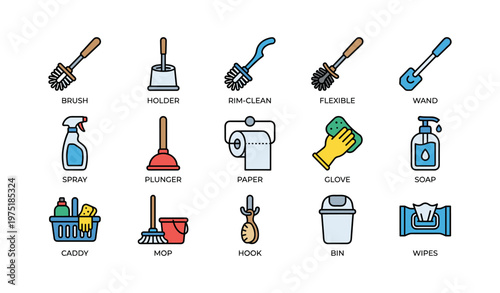 Colorful assorted cleaning supplies icons set in a grid layout