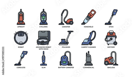 Various types of vacuum cleaners including robot, upright, canister, and handheld models