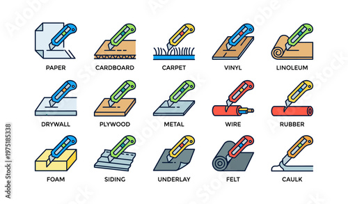 Utility knife cutting different materials icons: paper, cardboard, carpet, vinyl, linoleum