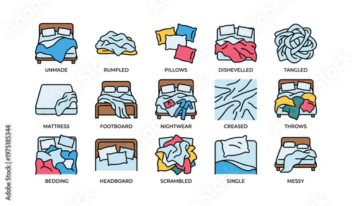 Illustration of various bed and bedding styles with labels