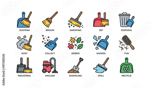 Set of cleaning tools and icons for household chores and waste management