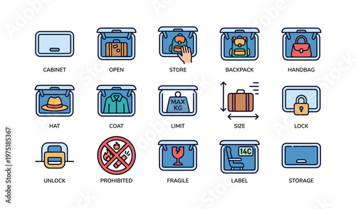 Luggage storage and handling symbols icons for travel safety and organization