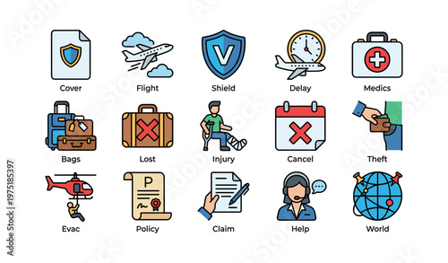Travel insurance icons: shield, flight, injury, theft, medics, policy, claim, evac