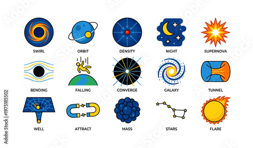 Space phenomena illustrations: swirl, orbit, density, night, supernova, galaxy, stars, flare