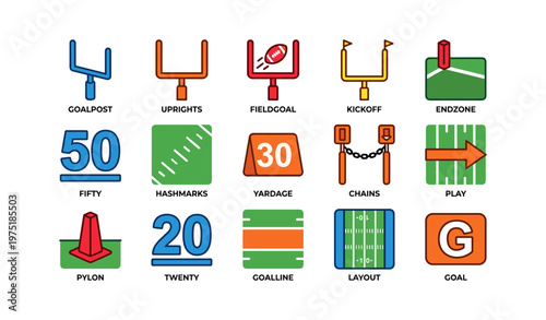 Football icon set featuring goalposts, field, and yardage markers