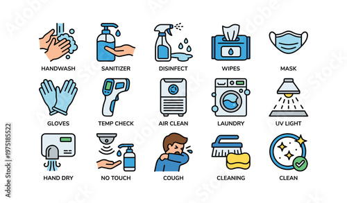Hygienic practices icons set featuring sanitizer mask gloves temperature check and cleaning tools
