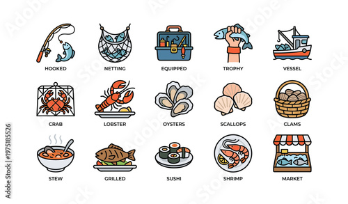 Fishing icons set: tools, seafood, and activities collection
