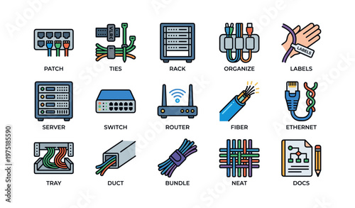 Network equipment and cable management tools with labels and router icons