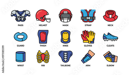 Colorful football gear icons set with labels for protection