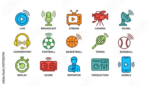 Colorful media and sports icons featuring broadcasting, sports, and digital tools