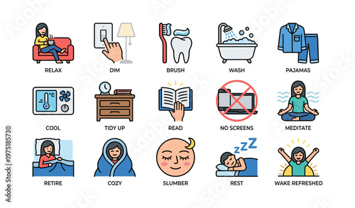 Bedtime routine icons: relax, dim lights, brush teeth, wash, pajamas, cool room, tidy up, read, no screens, meditate, cozy, slumber