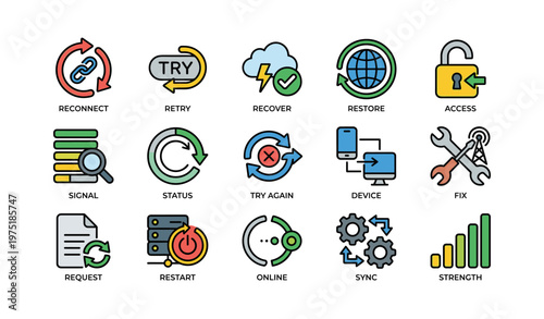 Set of 16 colorful connection and device maintenance icons