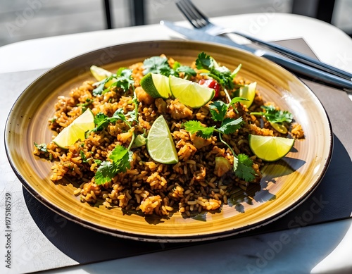 Freshly cooked fried rice garnished with lime wedges and cilantro