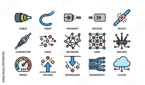 Colorful technology icons for network and data communication systems