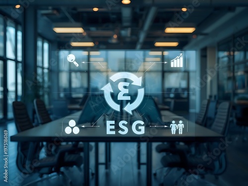 Modern ESG concept with glowing icons on glass conference table