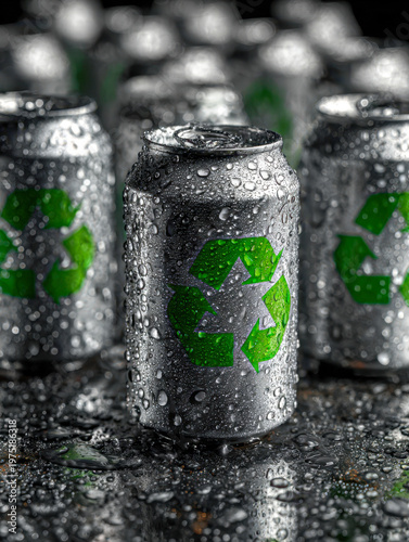 Metal beverage cans covered in water droplets featuring prominent green recycling symbols, emphasizing sustainability and environmental responsibility concepts