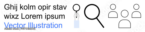 Online research, workforce analysis, data inspection, recruitment process, business evaluation, teamwork dynamics. Magnifying glass with people icons. Online research and workforce analysis visuals