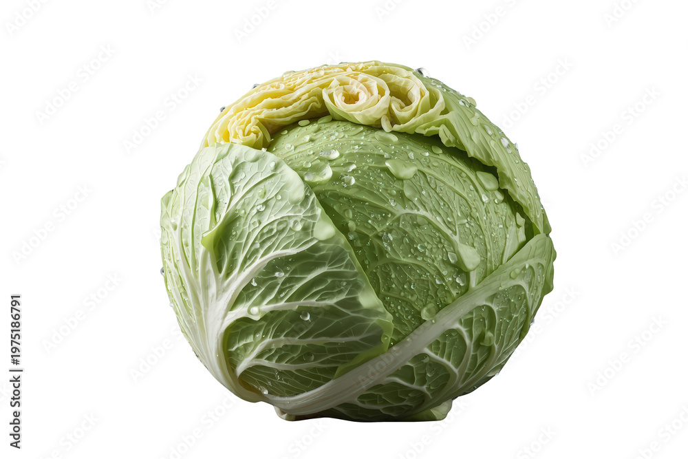 Fototapeta premium Fresh green cabbage head with glistening water drops. Raw organic vegetable symbolizing healthy eating and natural vegetarian food preparation