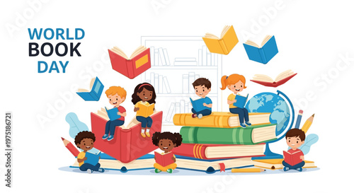 A cheerful World Book Day illustration shows diverse children reading books while sitting on a stack of books against a white background, designed in a flat lay style with vibrant colors
