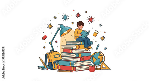 A young student reads a book while sitting atop a stack of books, depicted in a vibrant illustration with a playful style, complemented by a desk lamp, backpack, globe, and school supplies