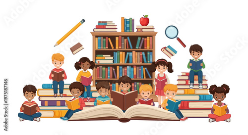An animated illustration featuring diverse children reading books around a large open book and a full bookshelf, presented in a cheerful, colorful style against a bright white backdrop