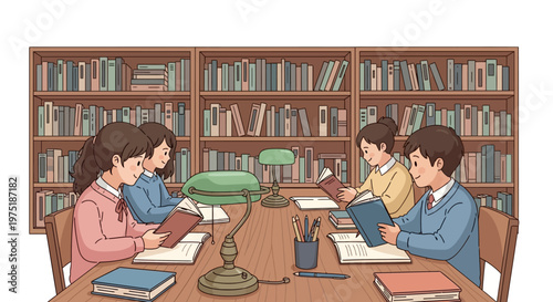 A group studies together for World Book Day, reading books at a wooden table in a library filled with bookshelves, presented as a colorful vector illustration against a clean white
