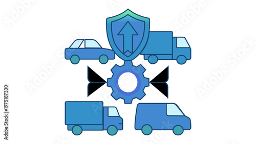 Last mile delivery vector icon illustration featuring a protective shield with an upward arrow, a central gear mechanism, and a fleet of transport vehicles like cars, trucks, and delivery vans.