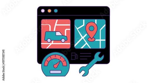 Vector illustration of a last mile delivery dashboard icon with GPS tracking maps, delivery van, location pin, speedometer, fuel gauge, and maintenance wrench for logistics fleet management.
