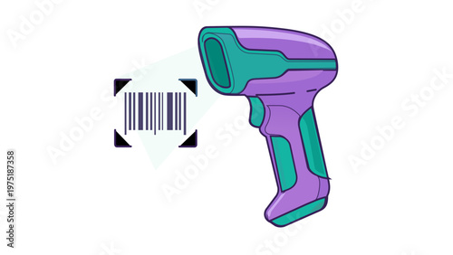 Vector icon illustration of a modern purple and teal handheld barcode scanner device scanning a product barcode for logistics, retail inventory management, and supply chain software applications.