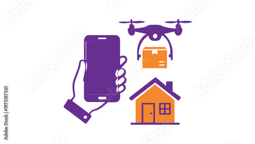 Modern drone delivery service vector illustration featuring a hand holding a smartphone with order confirmed message, a quadcopter carrying a package, and a house for home shipping concept.