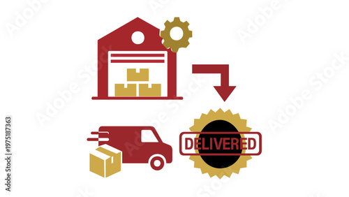 Order fulfillment vector illustration featuring a red warehouse with boxes, a gold gear, a delivery truck, and a delivered stamp seal. Professional logistics supply chain icon for business.