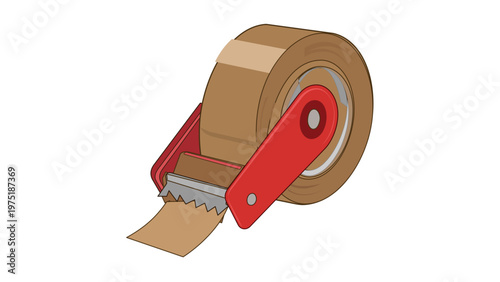 Professional vector illustration of a brown adhesive packaging tape dispenser with a red handle and serrated cutter, ideal for logistics, shipping, moving, warehouse, and office supply designs.