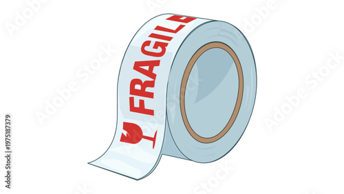Vector icon illustration of a roll of white adhesive packaging tape with red fragile warning text and broken glass symbol for shipping, logistics, moving, and parcel protection.