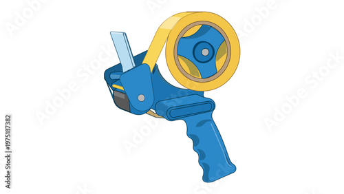 Vector illustration of a blue handheld tape dispenser gun with a roll of yellow packaging tape, ideal for logistics, shipping, moving, and warehouse office supply concepts, flat icon design.