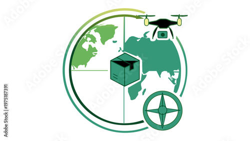 Global logistics and route optimization vector icon illustration featuring a delivery drone, shipping package box, world map globe, and compass for efficient supply chain and international trade.