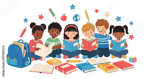 A group of diverse cartoon students are depicted in an educational illustration, each absorbed in reading books while sitting cross-legged among school supplies against a clean white